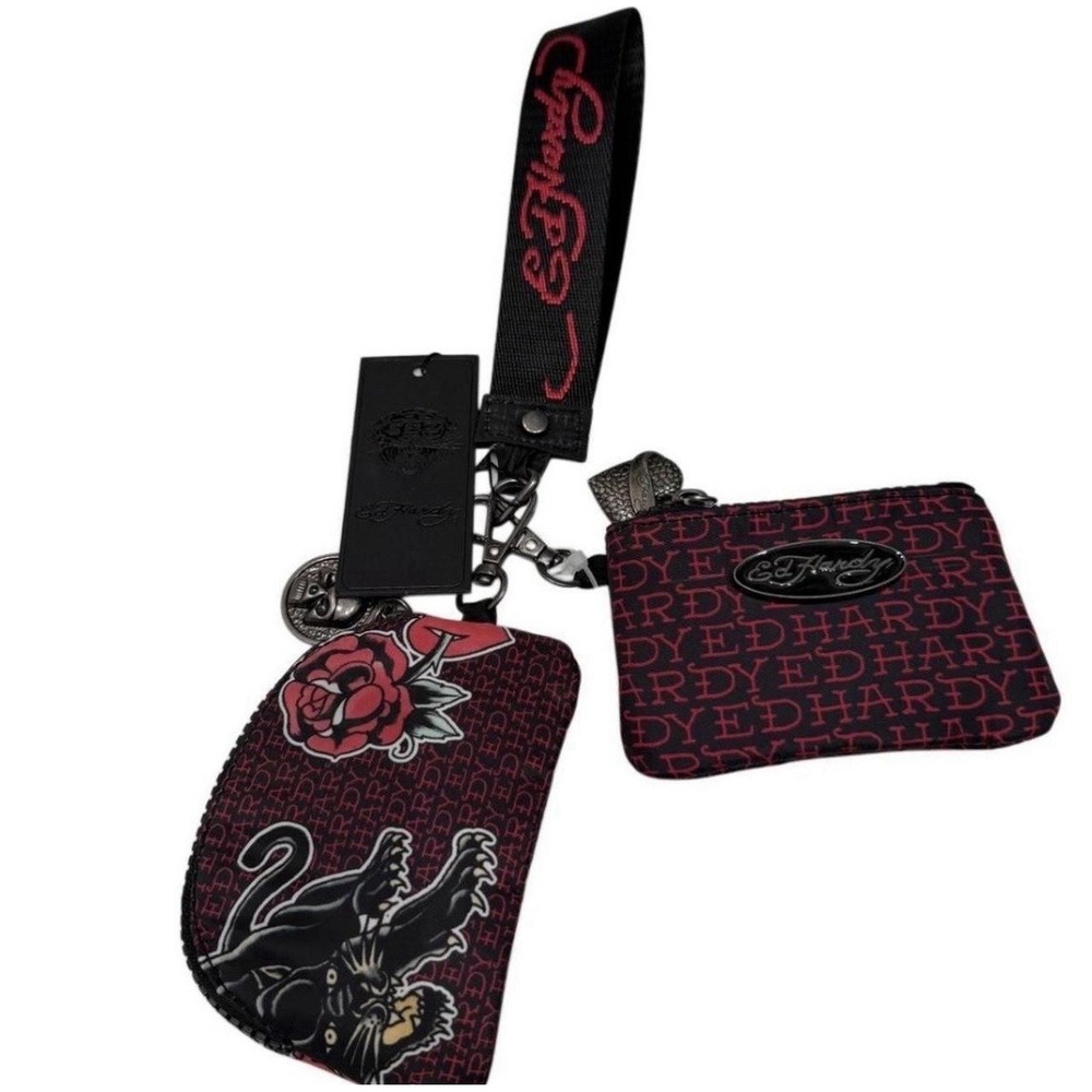 Ed Hardy Key Chain Wristlet Credit Card Holder Black Panther NWT
